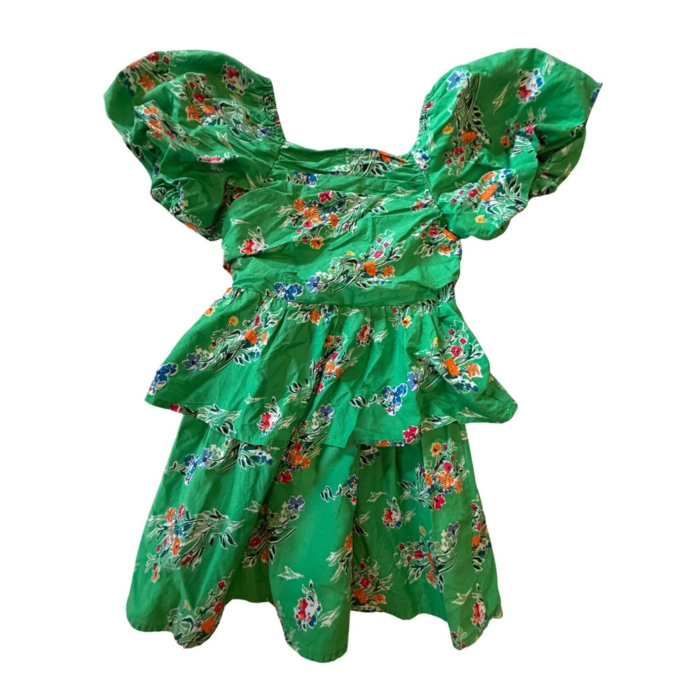 Cat & Jack Girls Green Floral Puff Sleeve Tiered Smocked Dress XS 4/5‎